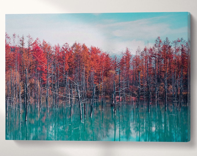 Red Trees Blue Pond Reflection Hokkaido Japan Wall Art Canvas Eco Leather Print, Made in Italy!