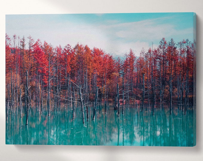 Red Trees Blue Pond Reflection Hokkaido Japan Wall Art Canvas Eco Leather Print, Made in Italy!