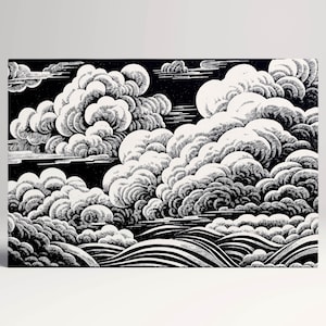 Nuvole Desgnate a Mano Bianco e Nero Stile Giapponese Canvas Stampa su Tessuto Ecopelle, Made in Italy!