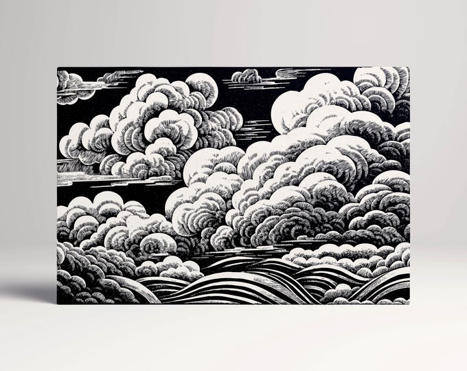 Hand-Sketched Black and White Clouds Japanese Style Eco Leather Wall Art Canvas Print, Made in Italy!