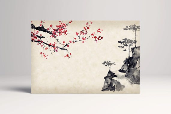 Sakura Mountain Sumi-e Landscape: Vegan Leather Framed Canvas Art