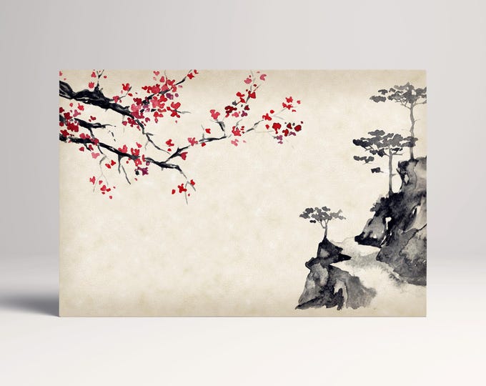 Sakura Mountain Sumi-e Style Landscape Home Gift Wall Art Framed Canvas Eco Leather Print, Made in Italy!