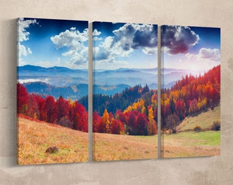 Autumn Mountain Framed Wall Art Vegan Leather Canvas Print Ready to Hang