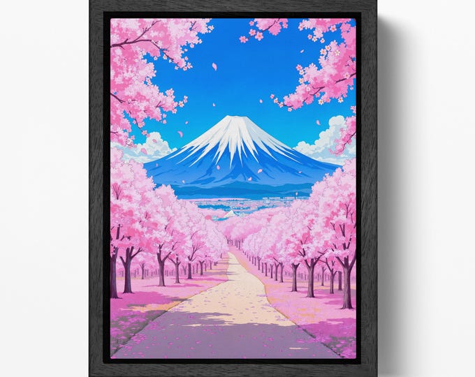 Mount Fuji Sakura Path Anime Japan Canvas Wall Art Eco Leather Print