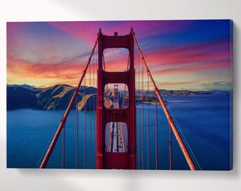 Golden Gate Sunset Vegan Leather Canvas Art - Ready to Hang