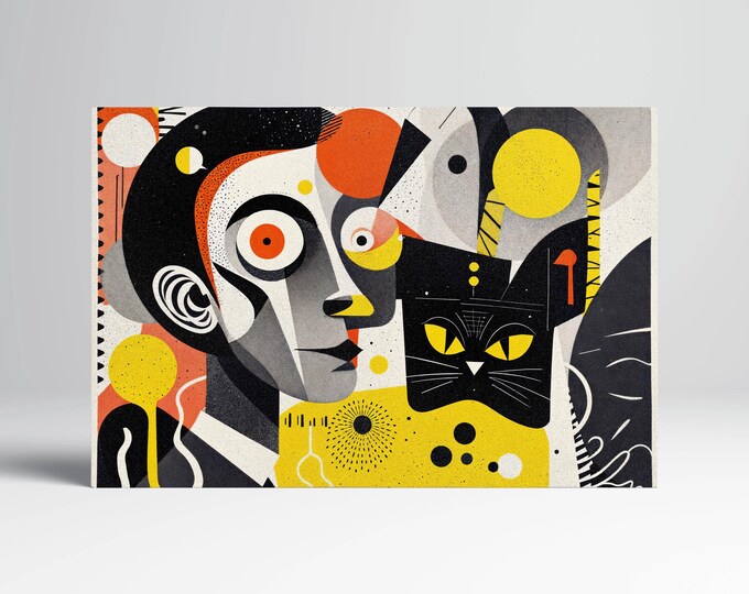 Abstract Narratives: Dadaism with a Feline Twist Wall Art Home Decor Eco Leather Print, Made in Italy!