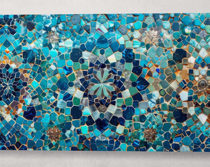 Oceanic Dream: A Close-Up of Blue Mosaic Tile Wall Art Home Decor Framed Canvas Eco Leather Print, Made in Italy!