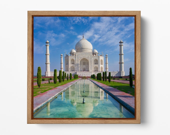 Taj Mahal Wall Decor Framed Canvas Eco Leather Print, Made in Italy!