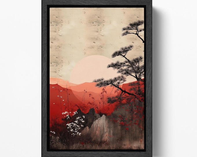 Serene Japanese Sunset Minimalist Sun Canvas Eco Leather Art Print, Made in Italy!