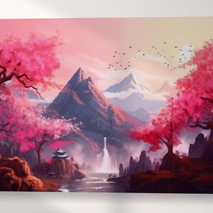 Orientalische Sakura Landschaft rosa Kunstwerk Wandkunst gerahmt Leinwand Eco-Leder Druck, Made in Italy!