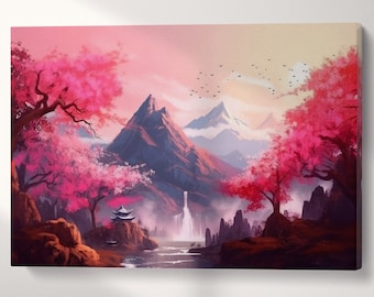 Sakura Landscape Vegan Leather Canvas Art: Oriental Pink Artwork