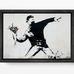Rage, Flower Thrower Banksy Wall Art Leather Print Floating Frame Reproduction, Made in Italy!