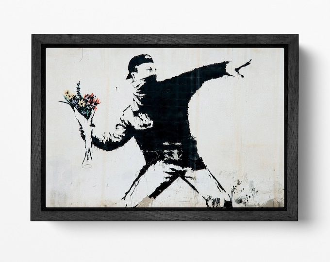 Rage, Flower Thrower Banksy Wall Art Leather Print Floating Frame Reproduction, Made in Italy!