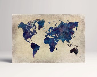 Blue Grunge World Map PETA Approved Faux Leather Canvas Wall Art