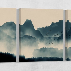 Japanese Mountain Landscape Wall Art Framed Eco Leather Canvas Print ...