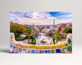 Barcelona Park Guell Gaudi Skyline PETA Approved Eco Leather Single Triptych Art