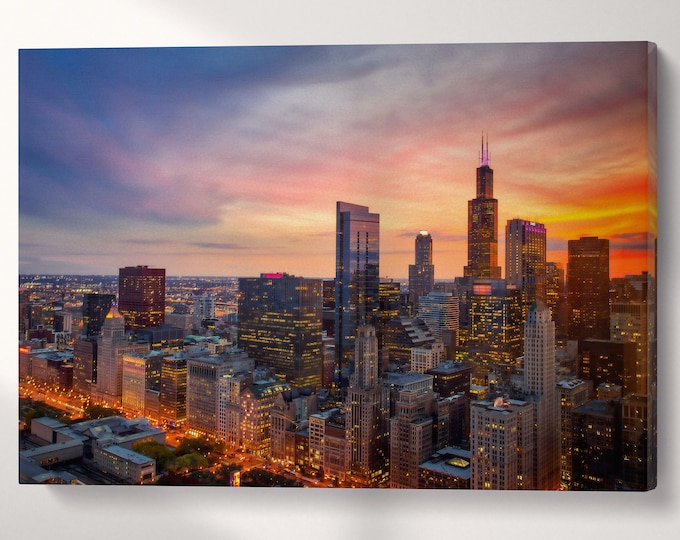 Chicago Millennium Park at Sunset Canvas Eco Leather Print, Made in Italy!