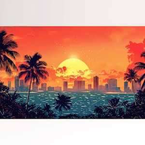 Tramonto Tropicale in Città Skyline Honolulu Hawaii Silhouette Palme Stampa da Arredo su Tessuto Ecopelle Made in Italy