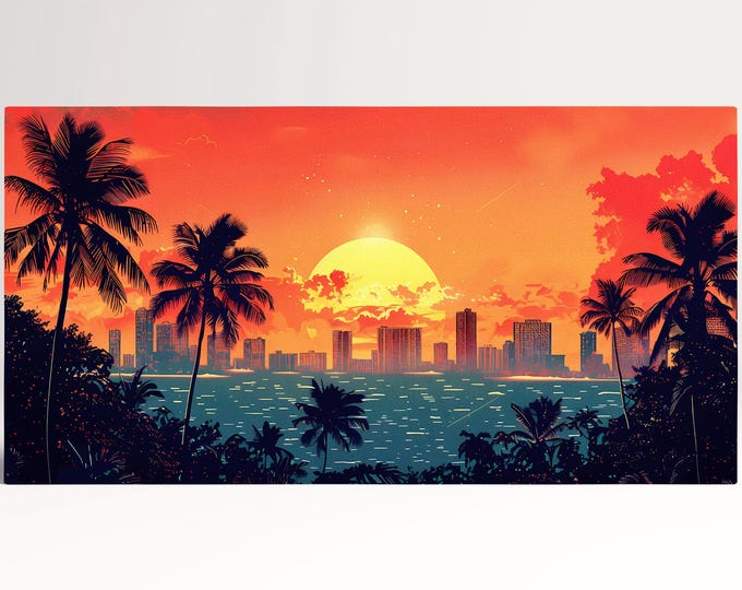 Honolulu Hawaii City Sunset Bold Skyline and Palm Silhouettes Canvas Print Wall Decor Eco Leather Canvas Print, Made in Italy!