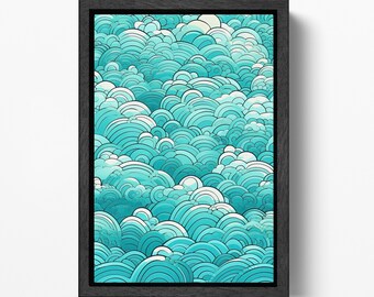 Japanese Wave Vegan Leather Wall Art Zen Cloudscape Turquoise Print