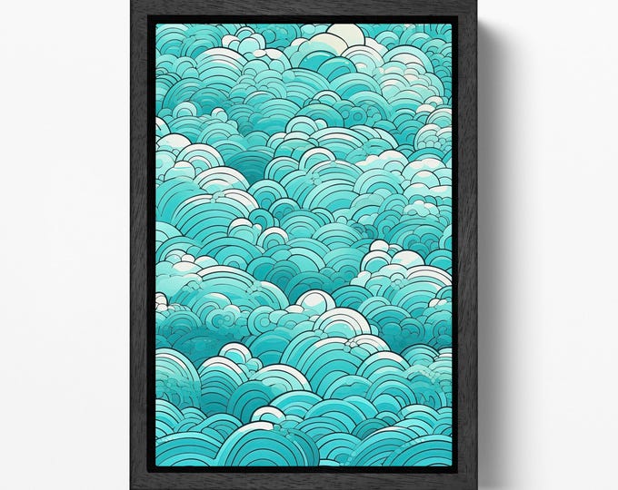 Turquoise Waves of Clouds Japan Style Canvas Wall Art Eco Leather Print, Made in Italy!