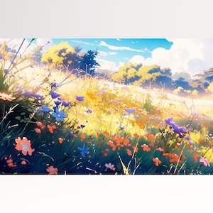 Prato Fiorito Anime Giapponese Canvas Stampa su Tessuto Ecopelle Made in Italy