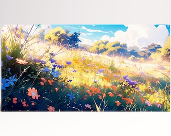 Anime Blooming Meadow Japanese Canvas Print Floral Wall Art Triptych