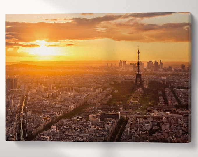 Paris, Eiffel Tower Aerial View at Sunset Canvas Eco Leather Print, Made in Italy!