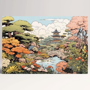 Giardino Giapponese Ukiyo-e Pagoda sul Fiume Canvas Stampa su Tessuto Eco Pelle, Made in Italy!