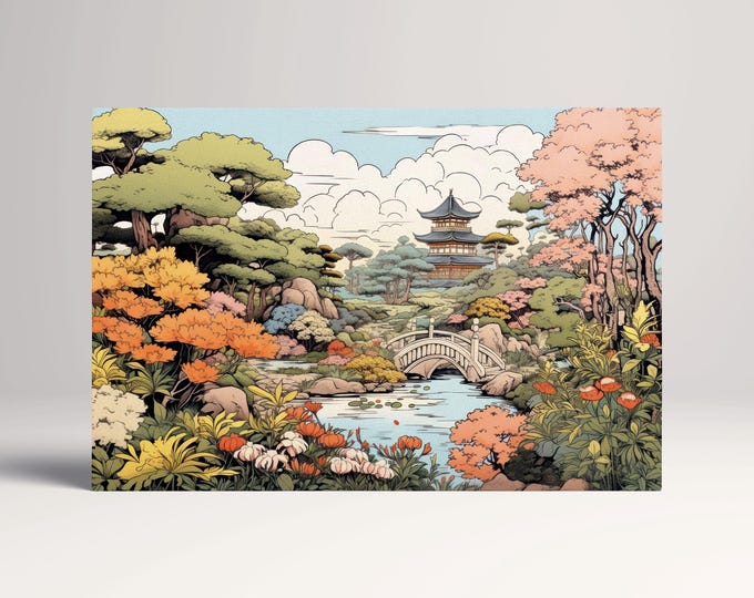Ukiyo-e Japanese Garden Pagoda Canvas Wall Art Eco Leather Print, Made in Italy!