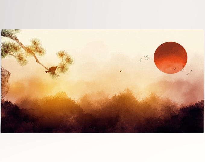 Japan Mountain Misty Dawn Illustration Wall Art Framed Canvas Print, Made in Italy!
