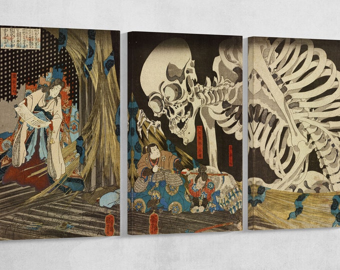 Utagawa Kuniyoshi Mitsukuni defying the skeleton spectre conjured up by Princess Takiyasha Canvas Eco Leather Triptych Print, Made in Italy!