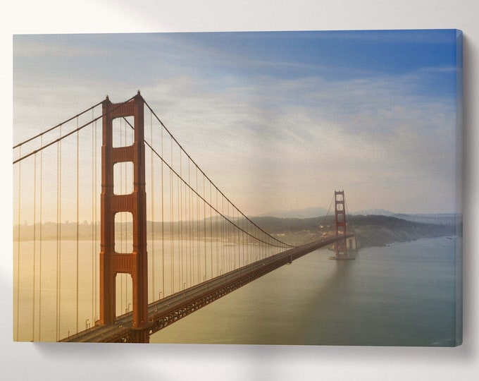 Golden Gate Soft Tones Canvas Wall Art Eco Leather Print Ready to Hang, Made in Italy!