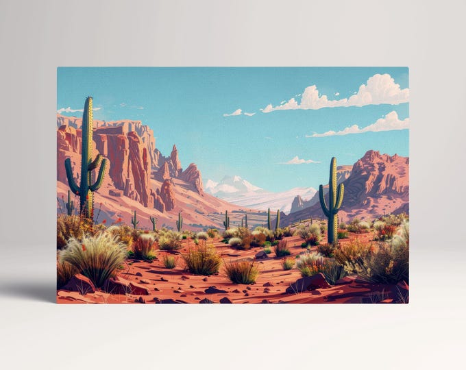 Sunlit Desert Oasis Southwest Landscape Wall Art Eco Leather Home Decor Canvas Print, Made in Italy!