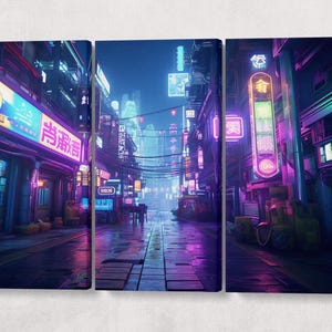 Neon in Città: Una Metropoli Cyberpunk Canvas Stampa su Tessuto Ecopelle, Made in Italy!