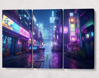 Urban Neon: A Cyberpunk Metropolis Canvas Wall Art Eco Leather Print, Made in Italy!