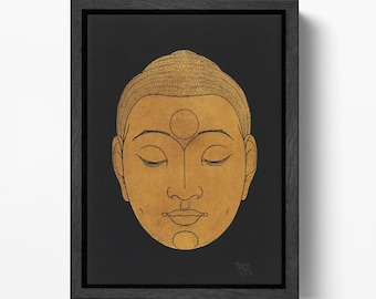 Golden Buddha Face Vegan Leather Canvas Art Minimalist Zen Decor
