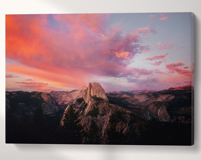 Half Dome Yosemite National Park Pink Sunset Canvas Wall Art Eco Leather Print, Made in Italy!