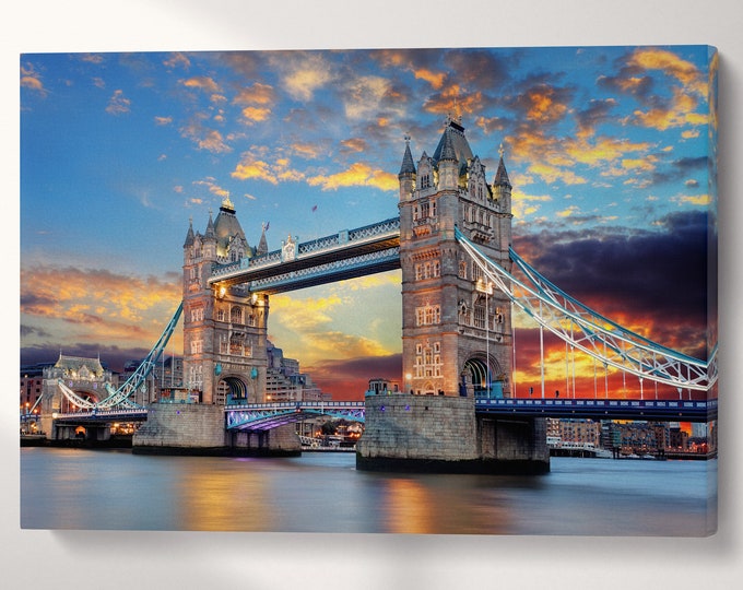 Tower Bridge London UK Canvas Wall Art Home Decor Eco Leather Print, Made in Italy!