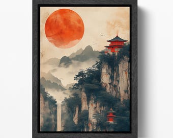 Crimson Sun Chinese Mountain PETA Approved Eco Leather Canvas Floating Frame