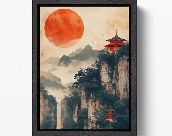 Crimson Sun over Chinese Mountain Sanctuaries Canvas Eco Leather Art Print, Made in Italy!
