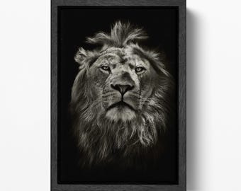 Monochrome Lion Portrait Vegan Leather Art Luxury Black and White Wall Decor