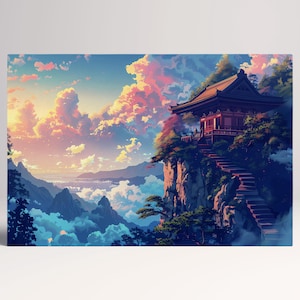 Tempio tra le Nuvole Tramonto Giapponese Canvas Stampa su Tessuto Ecopelle, Made in Italy!