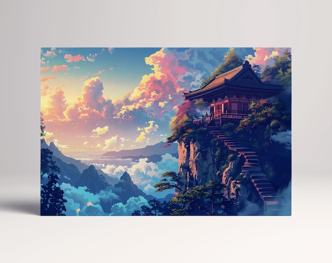 Temple in the Clouds Japanese Sunset Eco Leather Wall Art Canvas Print, Made in Italy!