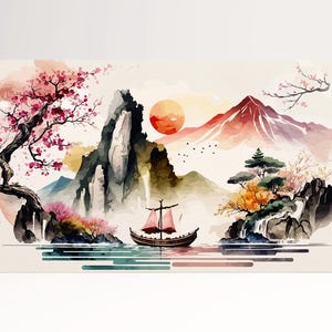 Viaggio Della Giunca Tramonto Cremisi Arte Asiatica Canvas Stampa Stile Orientale su Tessuto Ecopelle Made in Italy