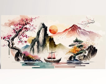 Chinese Junk Boat Art: Eco Leather Asian Landscape Print