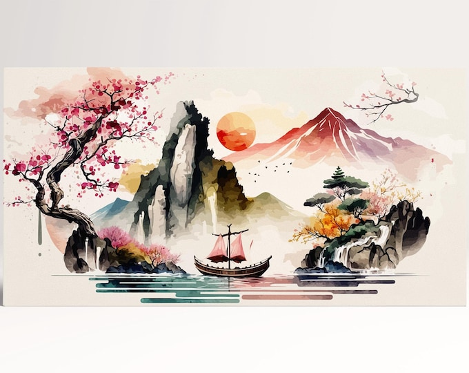 Ember Voyage: The Journey of the Junk Asian Wall Art Home Decor Framed Eco Leather Canvas Print, Made in Italy!