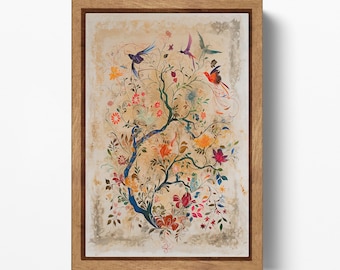 Floral Symphony Birds Botanical PETA Approved Eco Leather Canvas Floating Frame Wall Art
