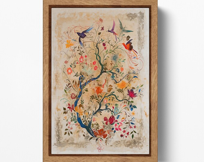Floral Symphony with Birds - Eco Leather Canvas Wall Art Print, Made in Italy!
