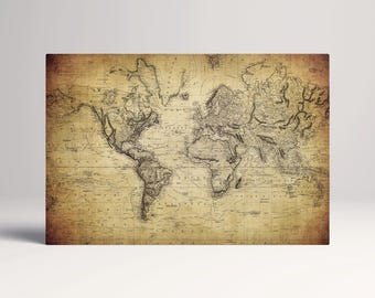 Vintage Map Of The World 1814 Wall Art Canvas Eco Leather Print, Made in Italy!
